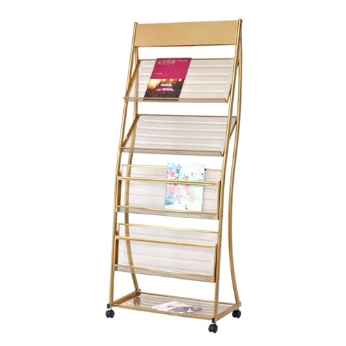 JIANBOHAIRS Zeitschriftenständer Prospektständer, bodenstehend, 4-lagig, mit Rädern, Prospektständer, Informationsständer aus hochhartem Metall, mobiler Werbezeitungsständer(Gold) von JIANBOHAIRS