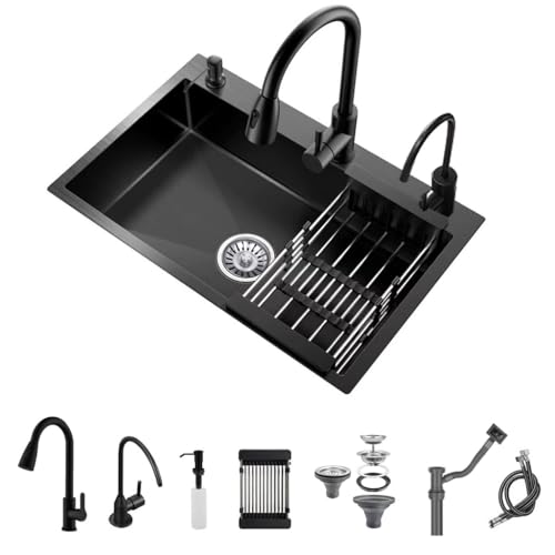 Schwarzer Tropfen in Küchenspüle, Edelstahl 1 Becken Spüle, Topmount Workstation Spüle mit ausziehbarem Wasserhahn, Seifenspender und Ablaufkorb (Mit wasserhahn, 60 * 45 * 20cm) von JIANCNGU