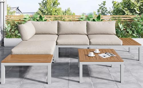 JIANFA Garten-Lounge-Set (2 Zweisitzer, 2 Beistelltische, 1 Tisch), Tischplatte aus massiver Akazie, Stoffbezug für Rückenlehne, grau (Beige + Iron + Seats 6) von JIANFA