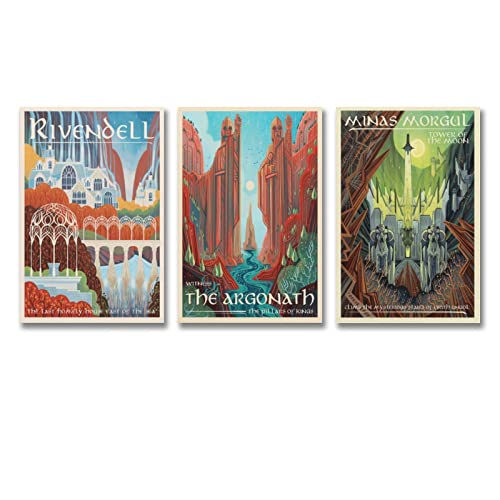 JIANGUAN Rivendell LOTR Reiseposter – Herr der Ringe – Retro-Vintage-Poster – Set mit 3 Postern, coole Kunstwerke, Malerei, Wandkunst, Leinwanddrucke, hängende Bildposter, 30 x 45 cm von JIANGUAN