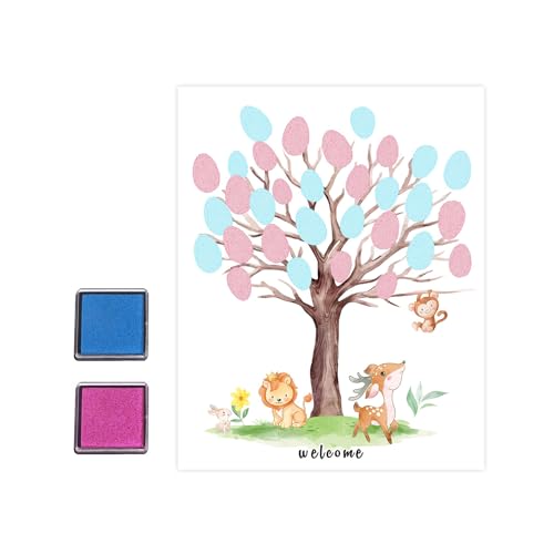 JIANGWON Gender Reveal Party Deko – Fingerabdruck Baum, Geschlechtsverkündung Baby, 1 Poster (30 x 42 cm), Pink & Blau Stempelkissen, Klebepunkte – Babyparty & Gender Reveal Geschenk (Aufkleber) von JIANGWON