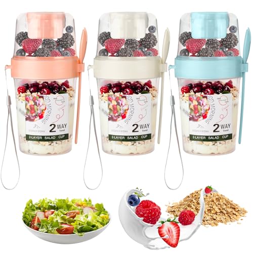 JIANGZHIB 3 Stück Müslibecher to Go, 560ml+310ml Joghurtbecher to Go mit Löffel, Doppelschicht Müslibecher, Auslaufsicherer Joghurtbecher, Salatbecher für Unterwegs (Pink, Blue, Weiß) von JIANGZHIB