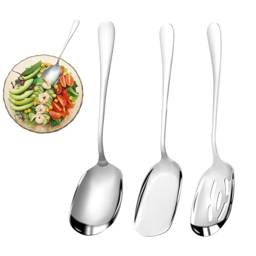 JIANGZHIB 3 Stück Servierlöffel aus Edelstahl Set, 22cm Salatbesteck Edelstahl, Beinhaltet Servierlöffel und Geschlitzte Löffel mit Langen Griffen für Zuhause, Bankett, Hotel von JIANGZHIB
