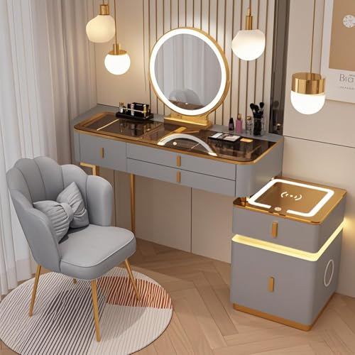 JIANRUI Modernes Schminktisch-Set mit Stuhl,3 Helligkeitsstufen | 5 Schubladen, kabellose Ladestation, Bluetooth-Lautsprecher | LED-Makeup-Tisch für Deko & Funktionalität (Graugold, 80cm) von JIANRUI