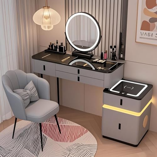 JIANRUI Modernes Schminktisch-Set mit Stuhl,Frisiertisch mit 3 Helligkeitsstufen | 5 Schubladen, kabellose Ladestation, Bluetooth-Lautsprecher | LED-Makeup-Tisch für Deko (Grauschwarz, 100cm) von JIANRUI