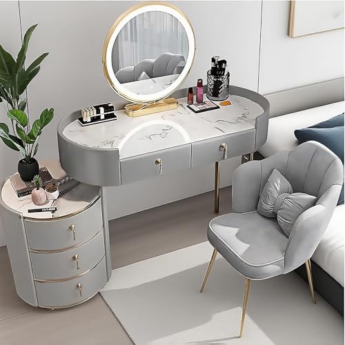 JIANRUI Schminktisch-Set mit rundem LED Spiegel - Frisiertisch mit einstellbarem LED-Licht, Kosmetiktisch mit Schubladen und Stuhl für Schlafzimmer Schminktisch (Grau, 80cm) von JIANRUI