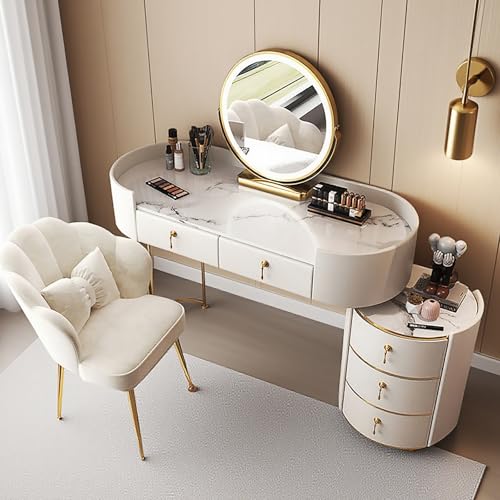 JIANRUI Schminktisch-Set mit rundem LED Spiegel - Dressing Table mit einstellbarem LED-Licht, Kosmetiktisch mit Schubladen und Stuhl für Schlafzimmer Schminktisch (Weiß, 80cm) von JIANRUI