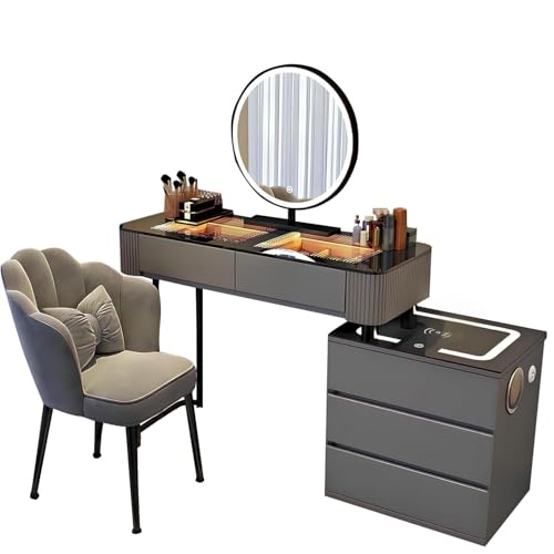 JIANRUI Schminktisch mit Spiegel und Beleuchtung,Kosmetiktisch mit Schubladen,Schminktisch mit USB-Ladestation/Drahtlos-Ladestation,Moderne Schlafzimmerkommode (Grau, 100cm) von JIANRUI