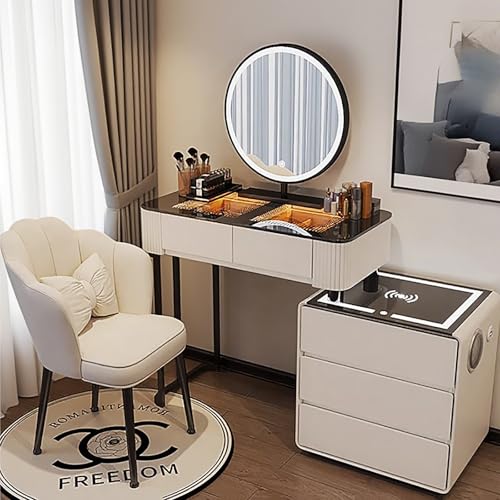 JIANRUI Schminktisch mit Spiegel und Beleuchtung,Kosmetiktisch mit Schubladen,Schminktisch mit USB-Ladestation/Drahtlos-Ladestation,Moderne Schlafzimmerkommode (Weiß, 100cm) von JIANRUI