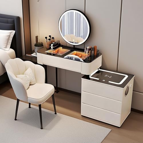 JIANRUI Schminktisch mit Spiegel und Beleuchtung,Kosmetiktisch mit Schubladen,Schminktisch mit USB-Ladestation/Drahtlos-Ladestation,Moderne Schlafzimmerkommode (Weiß, 80cm) von JIANRUI