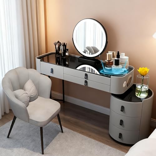 JIANRUI Schminktisch mit intelligentem Desktop, Kosmetiktisch mit Schubladen, Frisiertisch mit dreifarbigem Spiegel für das Schlafzimmer (Gray-Black, 100CM-Tempered Glass Tabletop) von JIANRUI