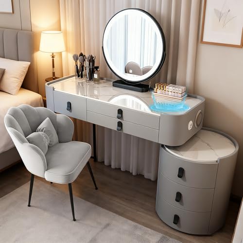 JIANRUI Schminktisch mit intelligentem Desktop, Kosmetiktisch mit Schubladen, Frisiertisch mit dreifarbigem Spiegel für das Schlafzimmer (Gray-Black, 80MC-UV Gloss Tabletop) von JIANRUI