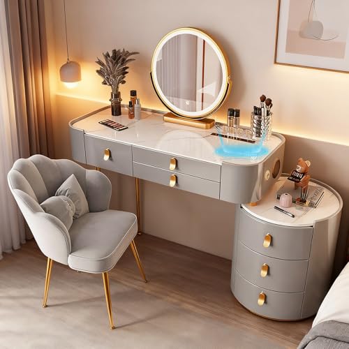 JIANRUI Schminktisch mit intelligentem Desktop, Kosmetiktisch mit Schubladen, Frisiertisch mit dreifarbigem Spiegel für das Schlafzimmer (Gray-Gold, 100CM-UV Gloss Tabletop) von JIANRUI