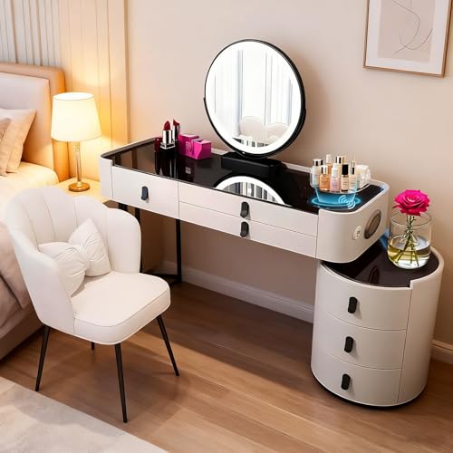 JIANRUI Schminktisch mit intelligentem Desktop, Kosmetiktisch mit Schubladen, Frisiertisch mit dreifarbigem Spiegel für das Schlafzimmer (White-Black, 100CM-Tempered Glass Tabletop) von JIANRUI