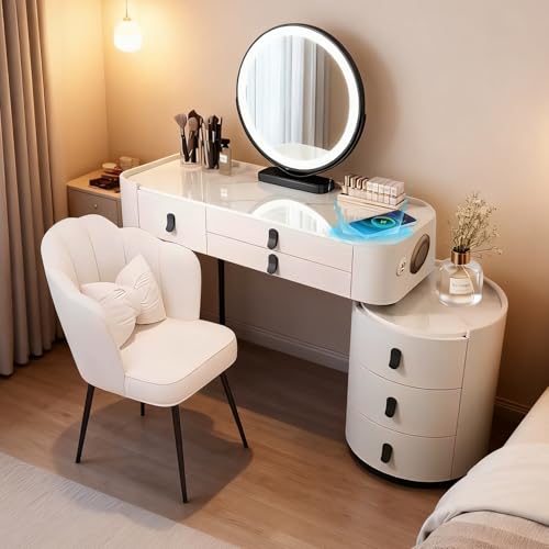 JIANRUI Schminktisch mit intelligentem Desktop, Kosmetiktisch mit Schubladen, Frisiertisch mit dreifarbigem Spiegel für das Schlafzimmer (White-Black, 80MC-UV Gloss Tabletop) von JIANRUI