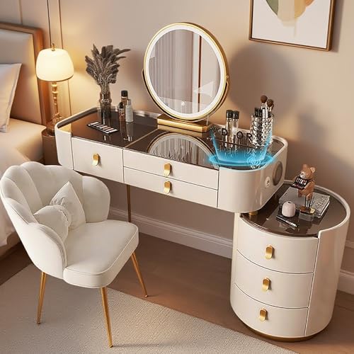 JIANRUI Schminktisch mit intelligentem Desktop, Kosmetiktisch mit Schubladen, Frisiertisch mit dreifarbigem Spiegel für das Schlafzimmer (White-Gold, 100CM-Tempered Glass Tabletop) von JIANRUI