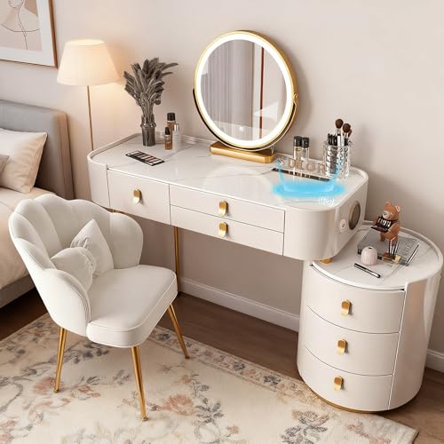 JIANRUI Schminktisch mit intelligentem Desktop, Kosmetiktisch mit Schubladen, Frisiertisch mit dreifarbigem Spiegel für das Schlafzimmer (White-Gold, 100CM-UV Gloss Tabletop) von JIANRUI