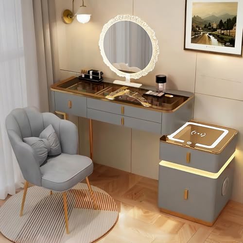 JIANRUI Schminktisch und Stuhl Set mit LED-Leuchten, 3-farbig dimmbar Waschtisch mit 5 Schubladen Schminktisch Ladestation für Schlafzimmer (Grau-Gold, 80cm) von JIANRUI