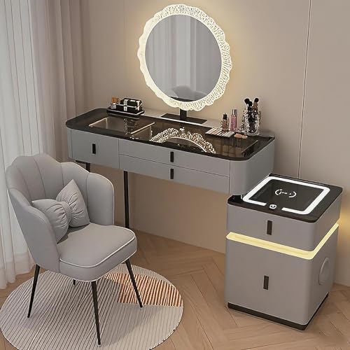JIANRUI Schminktisch und Stuhl Set mit LED-Leuchten, 3-farbig dimmbar Waschtisch mit 5 Schubladen Schminktisch Ladestation für Schlafzimmer (Grau-schwarz, 80cm) von JIANRUI