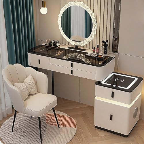JIANRUI Schminktisch und Stuhl Set mit LED-Leuchten, 3-farbig dimmbar Waschtisch mit 5 Schubladen Schminktisch Ladestation für Schlafzimmer (Weiß-schwarz, 80cm) von JIANRUI