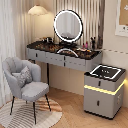 JIANRUI Schminktische mit LED-Leuchten, Schminktisch mit 5 Schubladen, kabellose Ladestation und Bluetooth-Lautsprecher Stuhl für Schlafzimmer Mädchen Frauen (Grau-schwarz, 80cm) von JIANRUI
