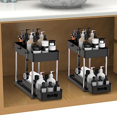 JIANUO 2er-Pack 2-Stück 2-Etagen Unter Waschbecken Regal, Spülbecken Unterschrank Organizer Küchen Küchenregal Küchenschrank Organizer Gewürzregal Badezimmer Regal Tischregal mit 1 Ausziehkörben von JIANUO