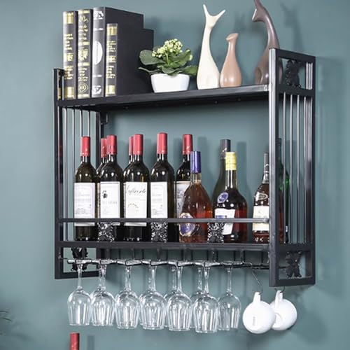 JIAOCKJIAO 2-stöckiges Weinregal zur Wandmontage, Schwebendes Präsentationsregal, Hängende Flaschenregal mit Weinglashalter, Schwebende Regale aus Metall, Kein Zusammenbau Erforderlich(Nero,39.3in/100 von JIAOCKJIAO
