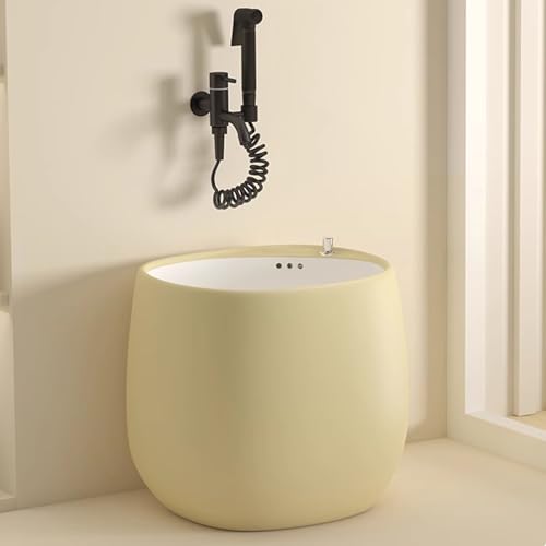 JIAOCKJIAO Bodenwaschbecken, Wischmopp-Servicebecken, Keramik-Kunst-Wischmoppbecken mit Knopfablauf, Multifunktionaler Wasserbehälter, Wischmopp-Eimer-Waschstation(Beige) von JIAOCKJIAO