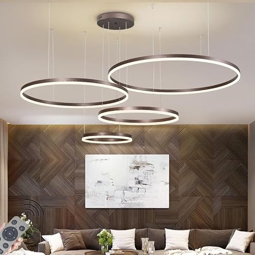 JIAODIE LED-Pendelleuchte Modern Dimmbar Hängeleuchte Ring Kreis Hängelampe Esstisch Pendellampe Aluminium Kronleuchter Deckelampe Für,Wohnzimmer (Color : Braun, Größe : 4 rings/100+80+60+40CM/138W) von JIAODIE