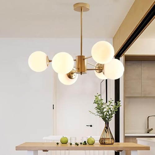 JIAODIE Moderne Kupfer Pendelleuchte Glaskugel Kronleuchter Sphärisch Hängelampe Glas Ball Lampenschirm Hängeleuchte Wohnzimmer Schlafzimmer Bar Deckenleuchte Lüster Lampe Leuchte(Gold),Ø75CM/6heads von JIAODIE