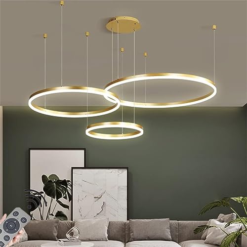 LED-Pendelleuchte Modern Dimmbar Hängeleuchte Ring Kreis Hängelampe Esstisch Pendellampe Aluminium Kronleuchter DeckeLampe Für,Kücheninsel,Wohnzimmer,Color : Gold,Größe:3 rings/100+80+60CM/188W von JIAODIE