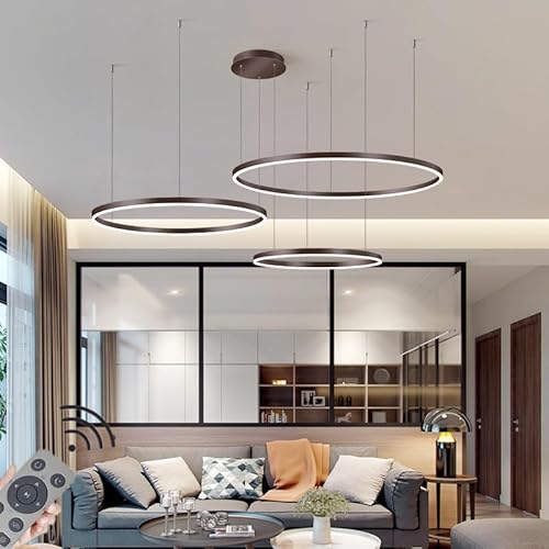 LED-Pendelleuchte Modern Dimmbar Hängeleuchte Ring Kreis Hängelampe Esstisch Pendellampe Aluminium Kronleuchter Deckelampe Für,Kücheninsel,Wohnzimmer,Color : Braun , Größe : 3 rings/80+60+40CM/88W von JIAODIE