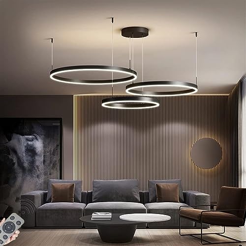 LED-Pendelleuchte Modern Dimmbar Hängeleuchte Ring Kreis Hängelampe Esstisch Pendellampe Aluminium Kronleuchter Deckelampe Für,Kücheninsel,Wohnzimmer,Color : Schwarz, Größe : 3 rings/80+60+20CM/68W von JIAODIE