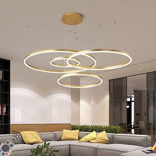 LED-Pendelleuchte Modern Dimmbar Hängeleuchte Ring Kreis Hängelampe Esstisch Pendellampe Aluminium Kronleuchter Deckelampe Für,Kücheninsel,Wohnzimmer Color : Gold,Größe : 4 rings/100+80+60+40CM/138W von JIAODIE