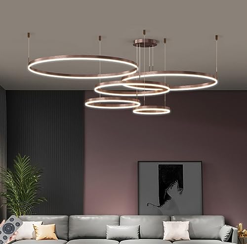 LED-Pendelleuchte Modern Dimmbar Hängeleuchte Ring Kreis Hängelampe Esstisch Pendellampe Aluminium Kronleuchter Deckelampe Für Wohnzimmer ( Color : Braun , Größe : 5 rings/100+80+60+40+20CM/148W) von JIAODIE