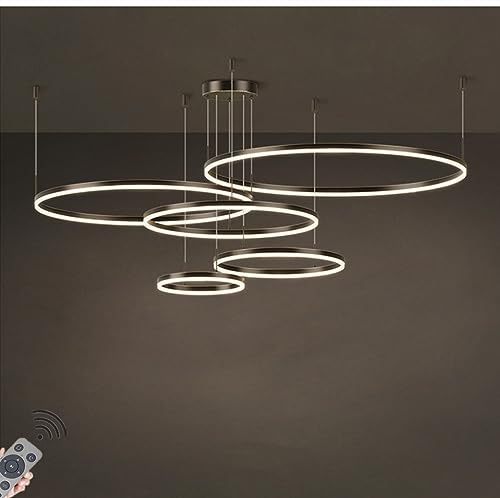 LED-Pendelleuchte Modern Dimmbar Hängeleuchte Ring Kreis Hängelampe Esstisch Pendellampe Aluminium Kronleuchter Deckelampe Für Wohnzimmer ( Color : Schwarz , Größe : 5 rings/100+80+60+40+20CM/148W) von JIAODIE