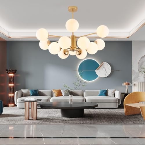 Moderne Kupfer Pendelleuchte Glaskugel Kronleuchter Sphärisch Hängelampe Glas Ball Lampenschirm Hängeleuchte Wohnzimmer Schlafzimmer Bar Deckenleuchte Lüster Lampe Leuchte(Gold),Ø92CM/6+6heads von JIAODIE