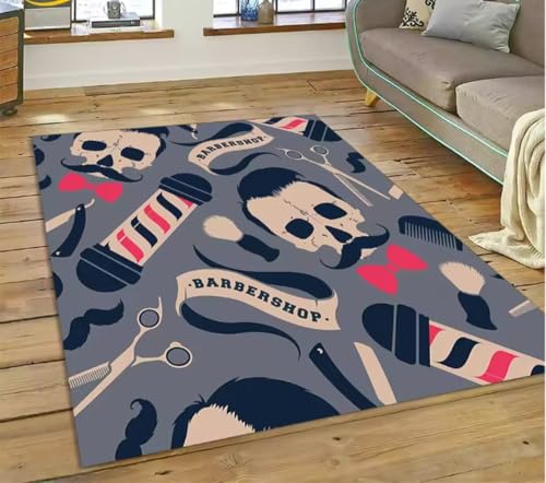 JIAOJING Barber Shop Logo Skull VintagTeppich Für Schlafzimmer Wohnzimmer Home Sofa Dekoration Dekor Bodenmatte 80X120Cm von JIAOJING