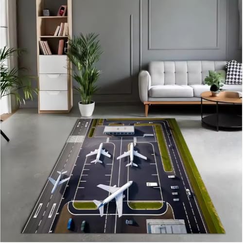 JIAOJING Bereich Teppiche Flughafen Landebahnen Draufsicht Flugzeug Und Flugzeug Ankunft 3D Teppichschlafzimmer Spielzimmer Kinderzimmer Dekor 160X280Cm von JIAOJING
