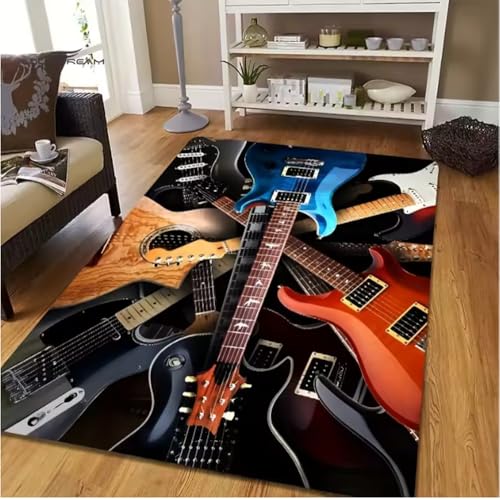 JIAOJING Gitarre Muster Teppich Für Wohnzimmer Schlafzimmer Spielzimmer Bodenmatte Dekor Vintage Anti-Rutsch Sofa Couchtisch Teppich Fußmatte 100X160Cm von JIAOJING