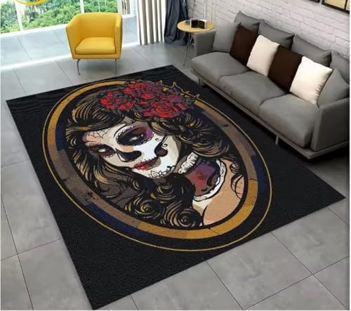 JIAOJING Teppich Gothic Horror Weibliche Totenkopf Mädchen Bereich Teppich Für Zuhause Wohnzimmer Schlafzimmer Sofa Fußmatte Dekor, rutschfeste Bodenmatte 100X160Cm von JIAOJING