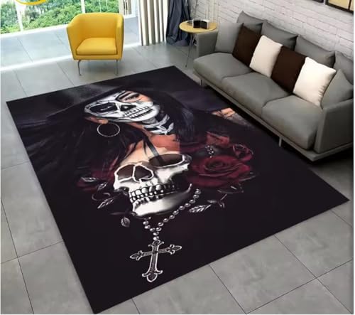 JIAOJING Teppich Gothic Horror Weibliche Totenkopf Mädchen Bereich Teppich Für Zuhause Wohnzimmer Schlafzimmer Sofa Fußmatte Dekor, rutschfeste Bodenmatte 100X160Cm von JIAOJING