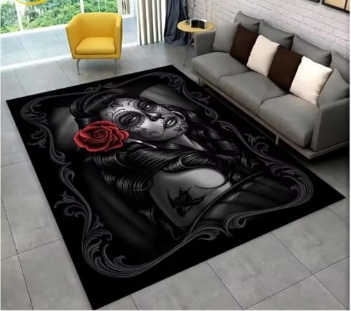 JIAOJING Teppich Gothic Horror Weibliche Totenkopf Mädchen Bereich Teppich Für Zuhause Wohnzimmer Schlafzimmer Sofa Fußmatte Dekor, rutschfeste Bodenmatte 140X200Cm von JIAOJING