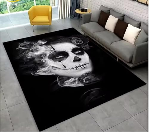 JIAOJING Teppich Gothic Horror Weibliche Totenkopf Mädchen Bereich Teppich Für Zuhause Wohnzimmer Schlafzimmer Sofa Fußmatte Dekor, rutschfeste Bodenmatte 140X200Cm von JIAOJING