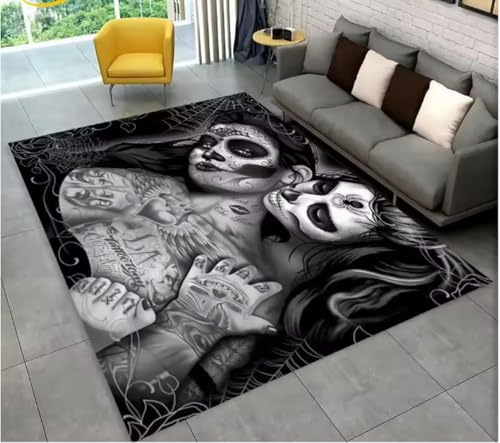 JIAOJING Teppich Gothic Horror Weibliche Totenkopf Mädchen Bereich Teppich Für Zuhause Wohnzimmer Schlafzimmer Sofa Fußmatte Dekor, rutschfeste Bodenmatte 60X90Cm von JIAOJING