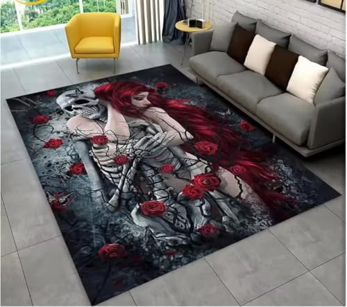 JIAOJING Teppich Gothic Horror Weibliche Totenkopf Mädchen Bereich Teppich Für Zuhause Wohnzimmer Schlafzimmer Sofa Fußmatte Dekor, rutschfeste Bodenmatte 60X90Cm von JIAOJING