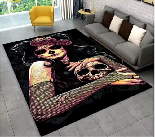 JIAOJING Teppich Gothic Horror Weibliche Totenkopf Mädchen Bereich Teppich Für Zuhause Wohnzimmer Schlafzimmer Sofa Fußmatte Dekor, rutschfeste Bodenmatte 60X90Cm von JIAOJING