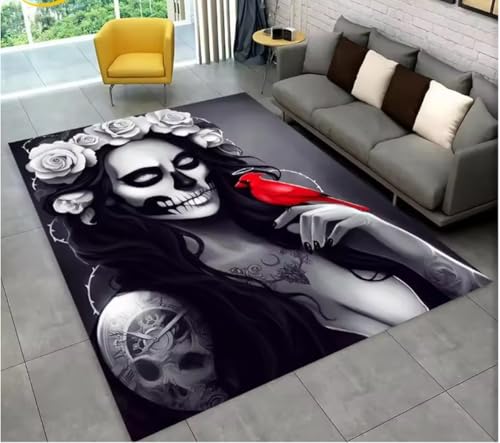 JIAOJING Teppich Gothic Horror Weibliche Totenkopf Mädchen Bereich Teppich Für Zuhause Wohnzimmer Schlafzimmer Sofa Fußmatte Dekor, rutschfeste Bodenmatte 60X90Cm von JIAOJING