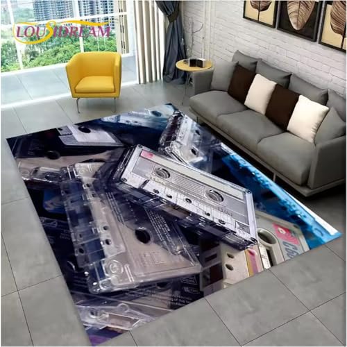 JIAOJING Teppich Retro Musik Kassette Band Muster Teppich Für Wohnzimmer Schlafzimmer Sofa Fußmatte Dekoration rutschfeste Bodenmatte 140X200Cm von JIAOJING