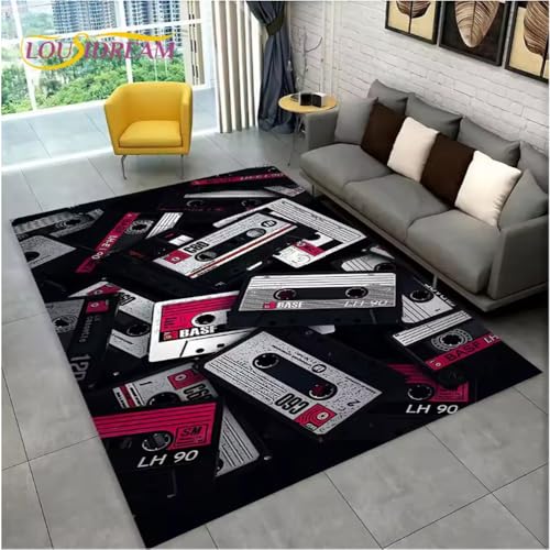 JIAOJING Teppich Retro Musik Kassette Band Muster Teppich Für Wohnzimmer Schlafzimmer Sofa Fußmatte Dekoration rutschfeste Bodenmatte 80X120Cm von JIAOJING